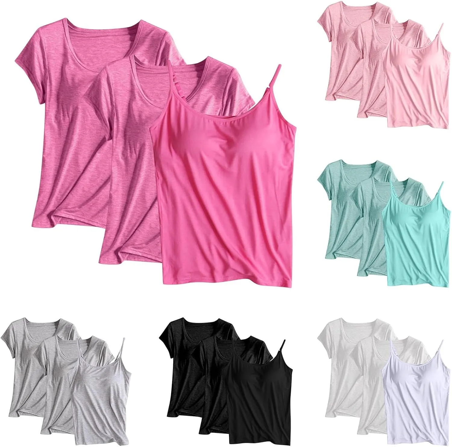 HGps8w Women's Modal 2Pcs Self Bra Short Sleeve T-Shirt with 1Pc Bulit-in Bra Basic Solid Tank Tops Undershirt (Mix Styles)