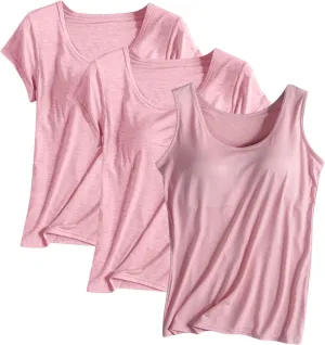 HGps8w Women's Modal 2Pcs Self Bra Short Sleeve T-Shirt with 1Pc Bulit-in Bra Basic Solid Tank Tops Undershirt (Mix Styles)