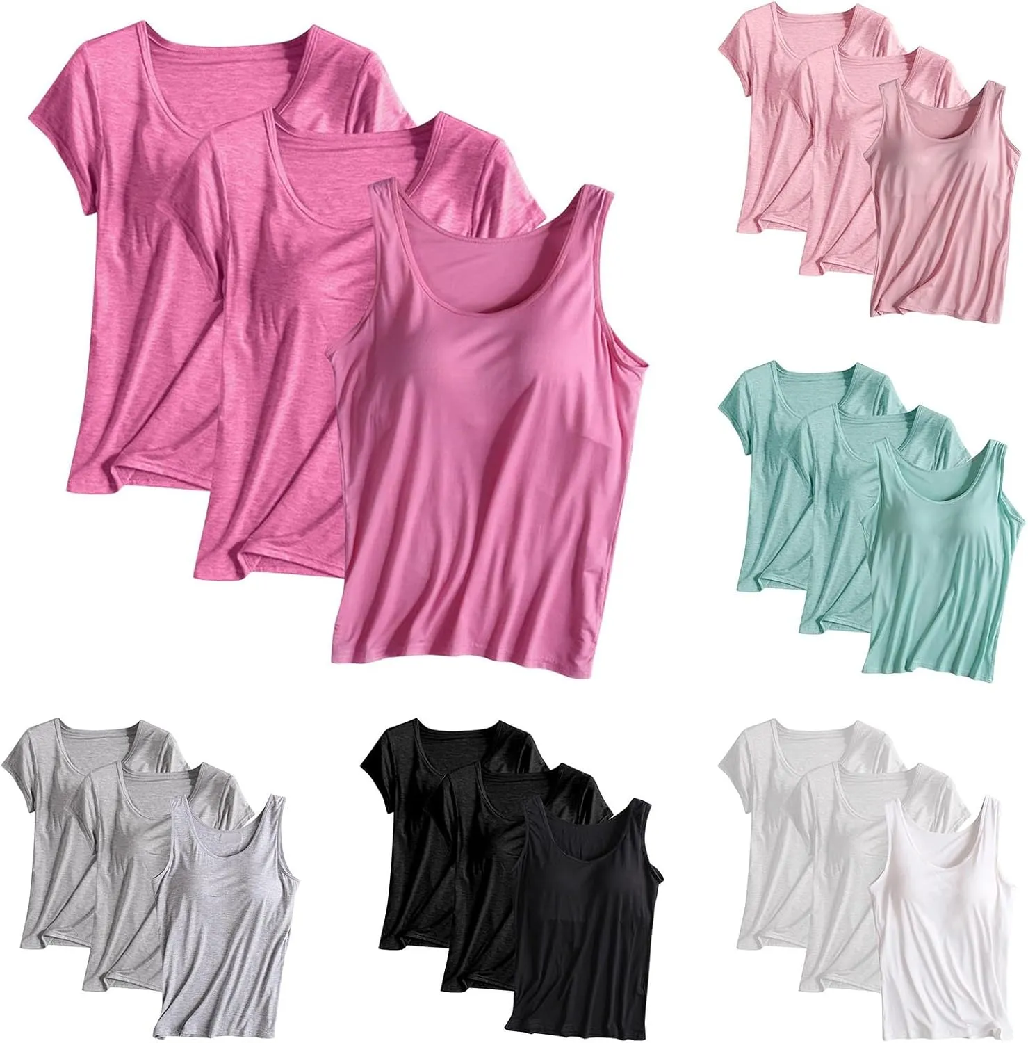 HGps8w Women's Modal 2Pcs Self Bra Short Sleeve T-Shirt with 1Pc Bulit-in Bra Basic Solid Tank Tops Undershirt (Mix Styles)