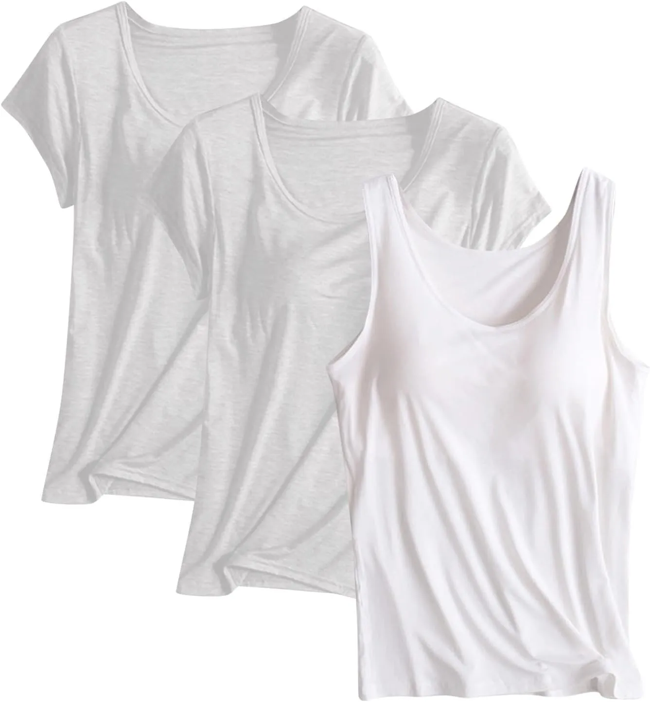 HGps8w Women's Short Sleeve Bulit-in Bra T-Shirt Basic Sleeveelss Shelf Bra Tank Tops Soft Modal Undershirts Pack of 3