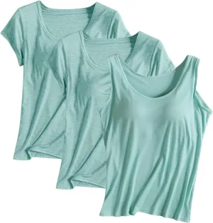 HGps8w Women's Short Sleeve Bulit-in Bra T-Shirt Basic Sleeveelss Shelf Bra Tank Tops Soft Modal Undershirts Pack of 3
