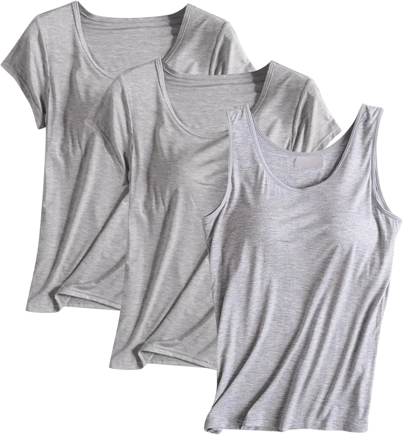 HGps8w Women's Short Sleeve Bulit-in Bra T-Shirt Basic Sleeveelss Shelf Bra Tank Tops Soft Modal Undershirts Pack of 3
