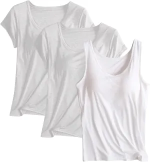HGps8w Women's Short Sleeve Bulit-in Bra T-Shirt Basic Sleeveelss Shelf Bra Tank Tops Soft Modal Undershirts Pack of 3