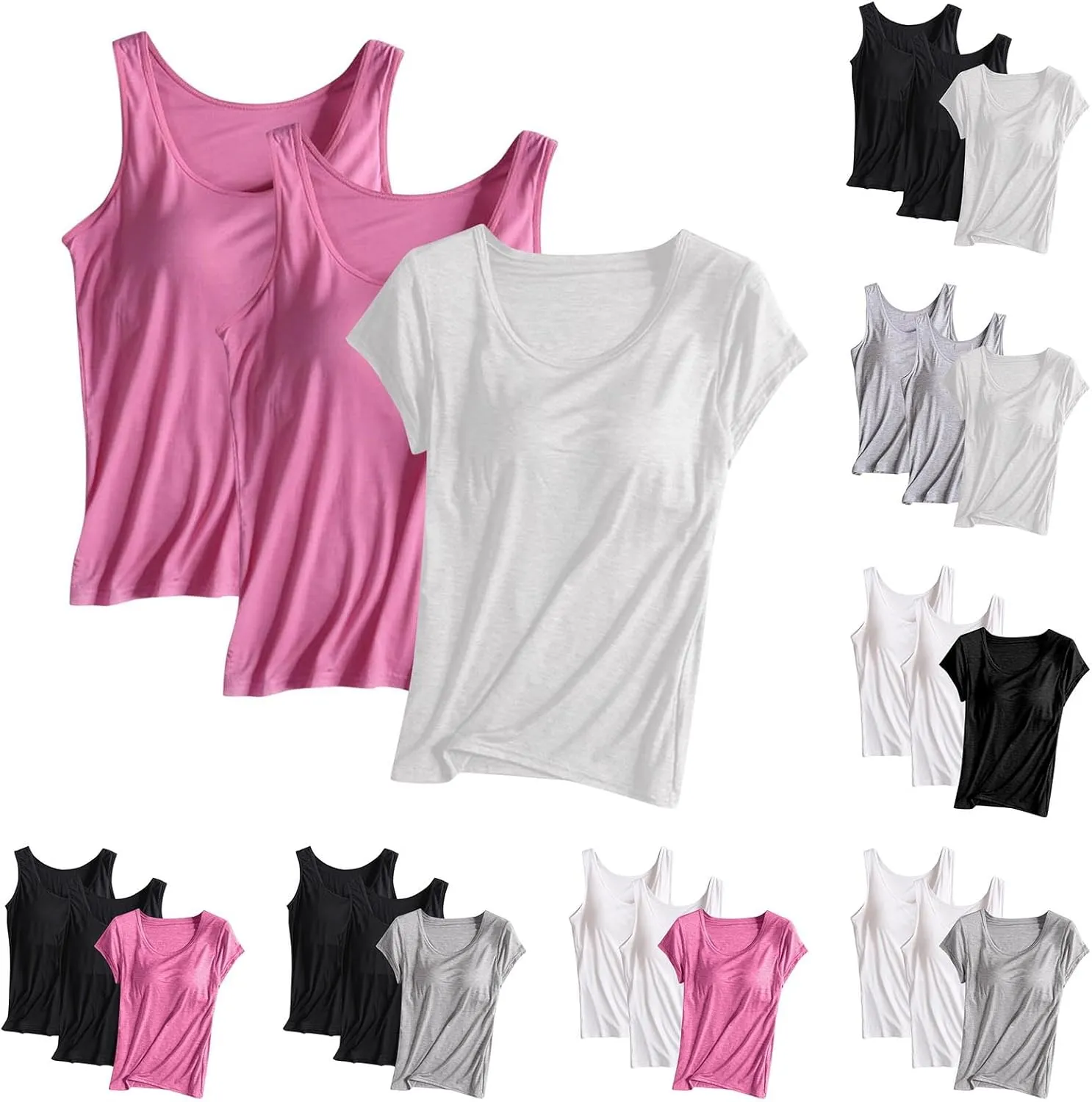 HGps8w Women's Short Sleeve Shelf Bra T-Shirt Bulit-in BraSleeveelss Tank Tops Basic Solid Soft Modal Undershirts Pack of 3