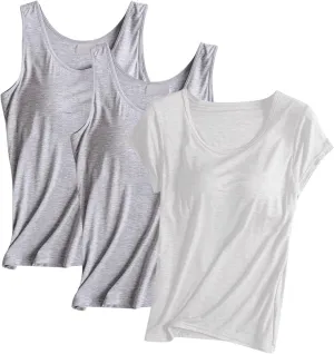 HGps8w Women's Short Sleeve Shelf Bra T-Shirt Bulit-in BraSleeveelss Tank Tops Basic Solid Soft Modal Undershirts Pack of 3
