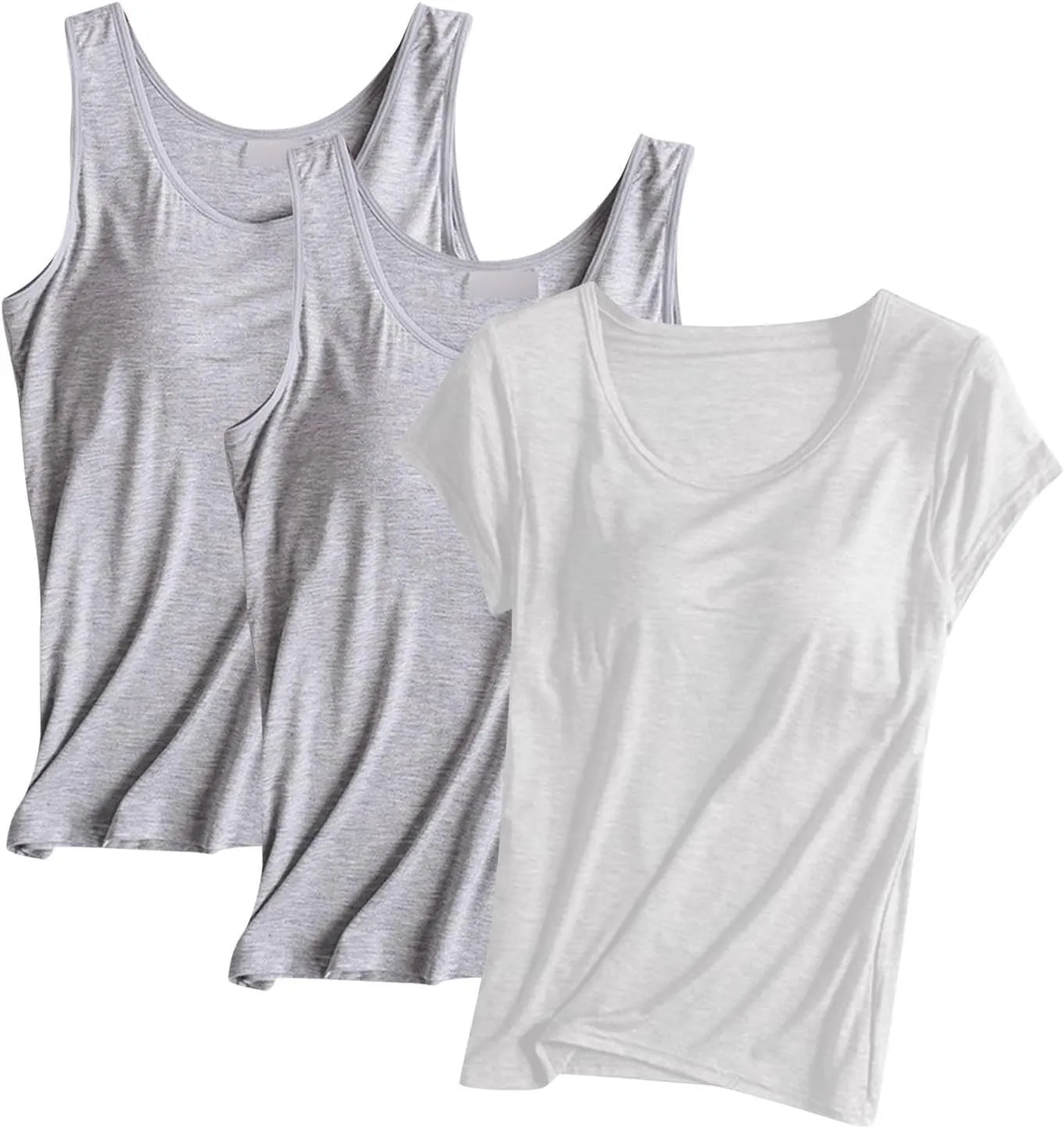 HGps8w Women's Short Sleeve Shelf Bra T-Shirt Bulit-in BraSleeveelss Tank Tops Basic Solid Soft Modal Undershirts Pack of 3