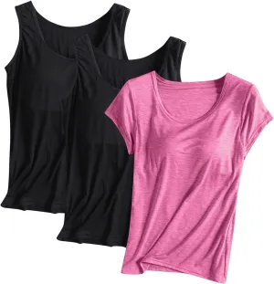 HGps8w Women's Short Sleeve Shelf Bra T-Shirt Bulit-in BraSleeveelss Tank Tops Basic Solid Soft Modal Undershirts Pack of 3