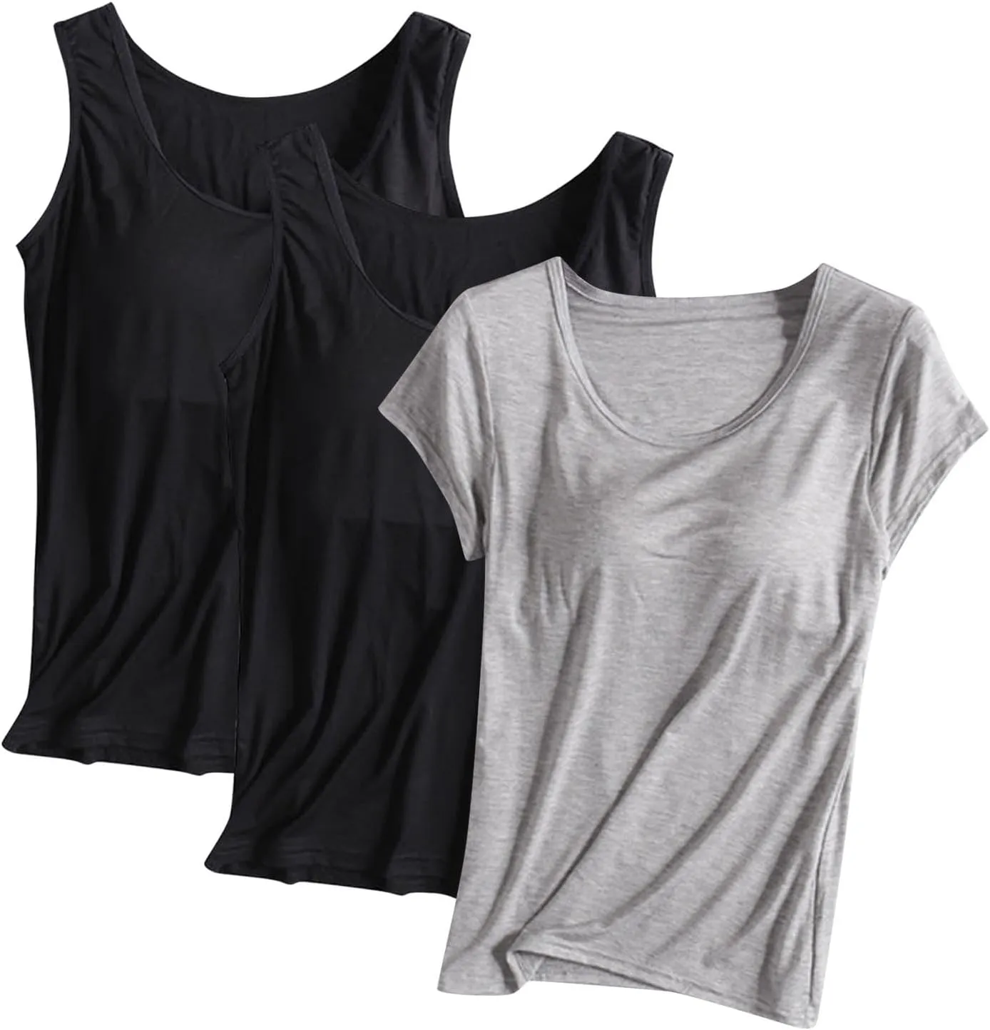 HGps8w Women's Short Sleeve Shelf Bra T-Shirt Bulit-in BraSleeveelss Tank Tops Basic Solid Soft Modal Undershirts Pack of 3