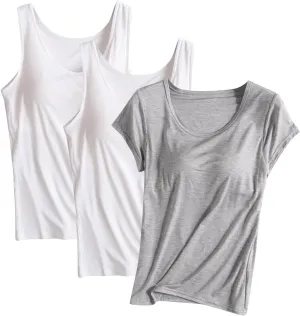 HGps8w Women's Short Sleeve Shelf Bra T-Shirt Bulit-in BraSleeveelss Tank Tops Basic Solid Soft Modal Undershirts Pack of 3