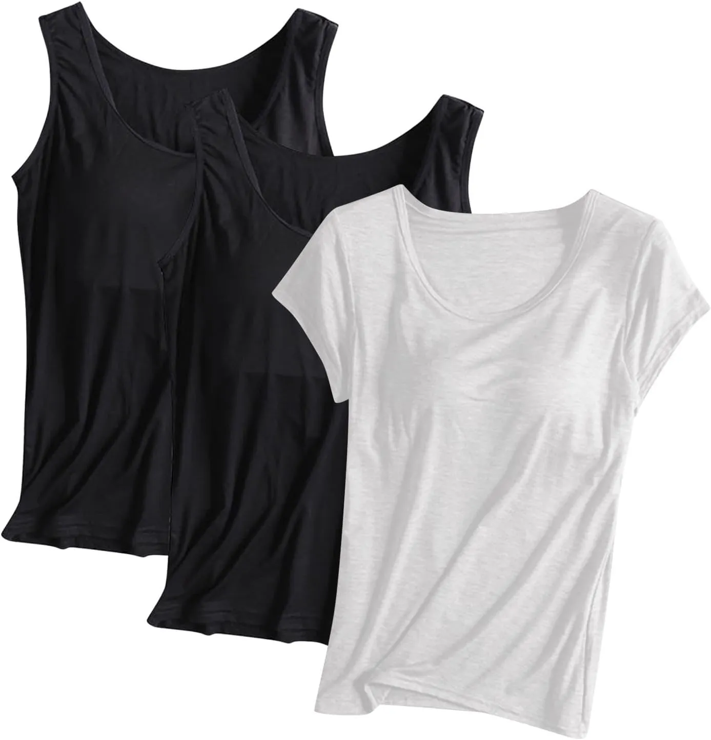 HGps8w Women's Short Sleeve Shelf Bra T-Shirt Bulit-in BraSleeveelss Tank Tops Basic Solid Soft Modal Undershirts Pack of 3
