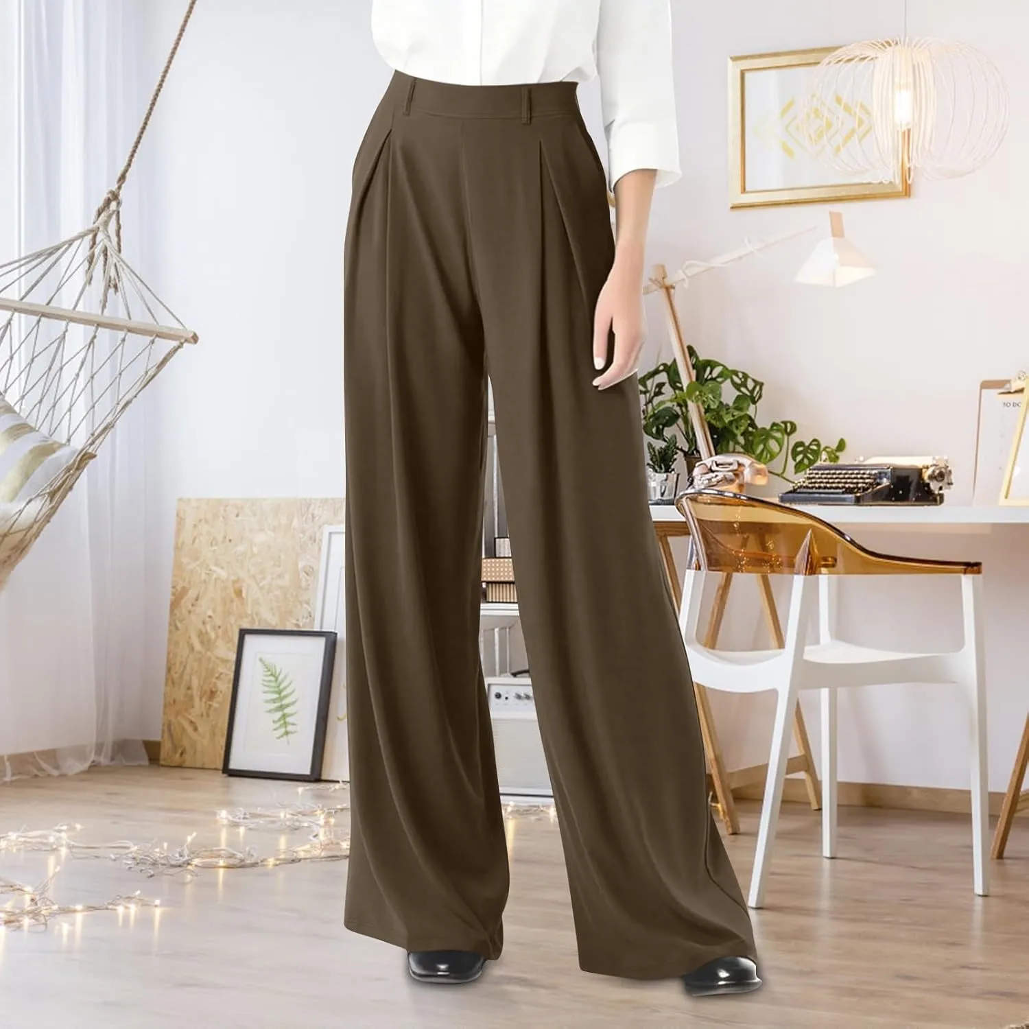 High Waist Flowy Office Work Pants Women with Pleated Elastic Waist Wide Leg Pants Women for Business Casual Slacks