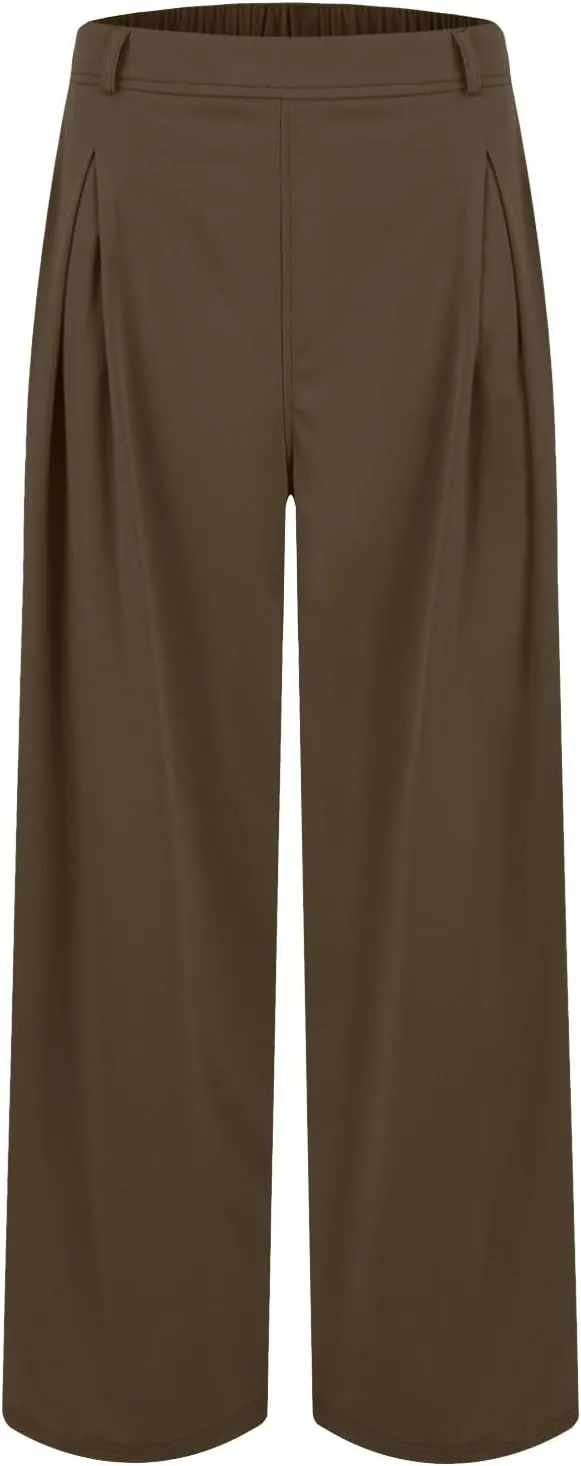 High Waist Flowy Office Work Pants Women with Pleated Elastic Waist Wide Leg Pants Women for Business Casual Slacks