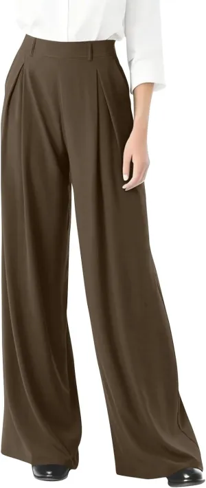 High Waist Flowy Office Work Pants Women with Pleated Elastic Waist Wide Leg Pants Women for Business Casual Slacks