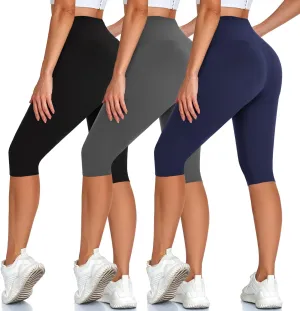 High Waisted 3 Pack Women's Capri Pants - Knee Length Yoga Shorts, Biker Workout Leggings for Women,Summer Activewear