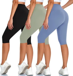 High Waisted 3 Pack Women's Capri Pants - Knee Length Yoga Shorts, Biker Workout Leggings for Women,Summer Activewear