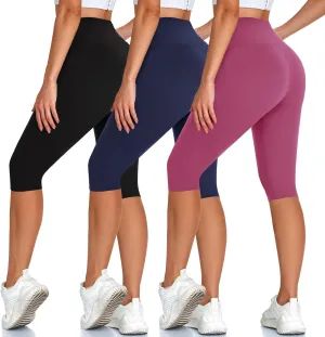 High Waisted 3 Pack Women's Capri Pants - Knee Length Yoga Shorts, Biker Workout Leggings for Women,Summer Activewear
