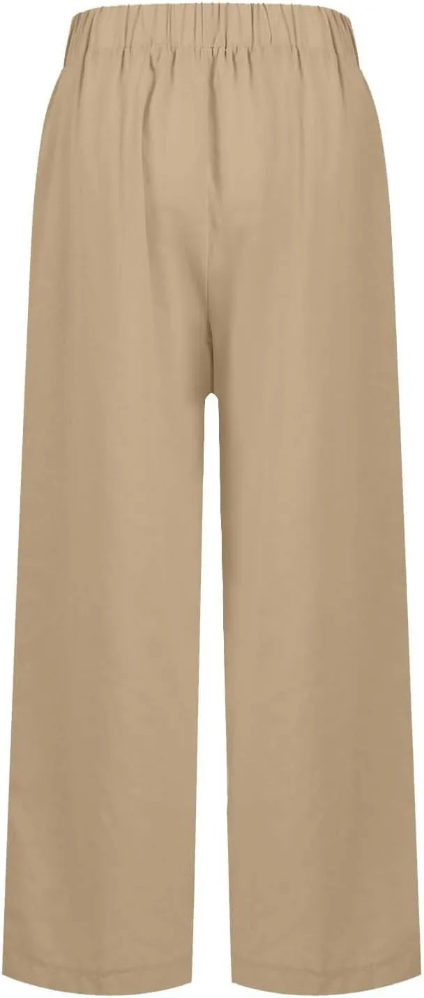 High Waisted Linen Cropped Pants Women Summer Baggy Stretchy Palazzo Lightweight Casual Boho Beach Pants w/Pockets