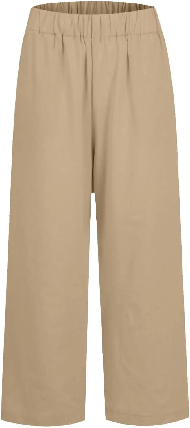 High Waisted Linen Cropped Pants Women Summer Baggy Stretchy Palazzo Lightweight Casual Boho Beach Pants w/Pockets