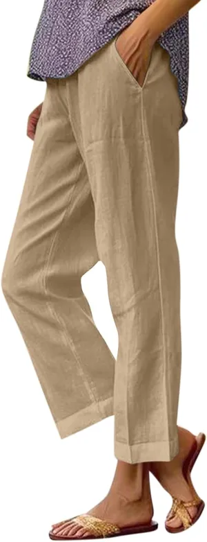 High Waisted Linen Cropped Pants Women Summer Baggy Stretchy Palazzo Lightweight Casual Boho Beach Pants w/Pockets