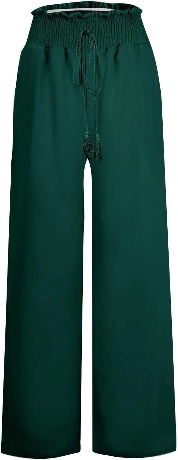 High Waisted Linen Pants Women Elastic Waist Drawstring Wide Leg Pants Summer Casual Baggy Pants Trousers with Pockets