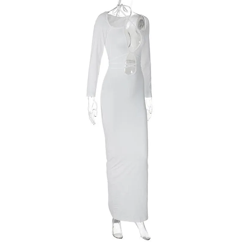 Hollow out self tie solid long sleeve cross front cut out maxi dress