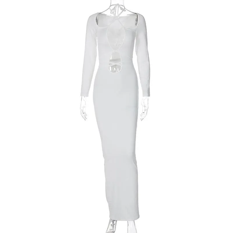 Hollow out self tie solid long sleeve cross front cut out maxi dress