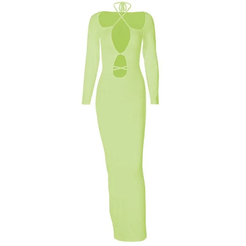 Hollow out self tie solid long sleeve cross front cut out maxi dress