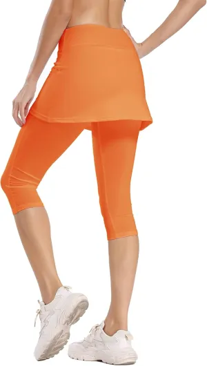 Ibeauti Womens UPF 50  Yoga Skirted Capri Leggings Golf Tennis Pants with Skirt for Running Workout Active