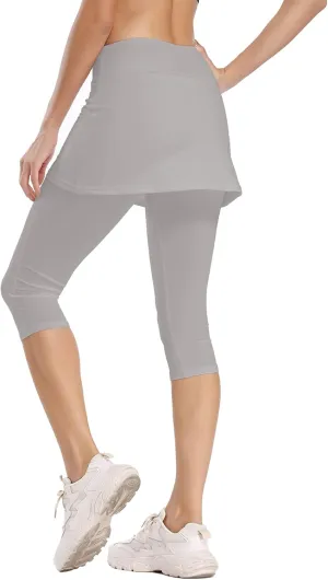 Ibeauti Womens UPF 50  Yoga Skirted Capri Leggings Golf Tennis Pants with Skirt for Running Workout Active