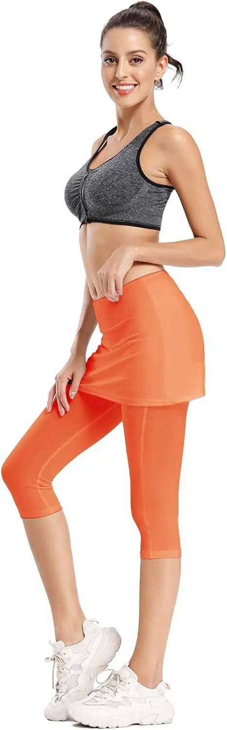Ibeauti Womens UPF 50  Yoga Skirted Capri Leggings Golf Tennis Pants with Skirt for Running Workout Active