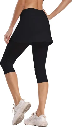 Ibeauti Womens UPF 50  Yoga Skirted Capri Leggings Golf Tennis Pants with Skirt for Running Workout Active