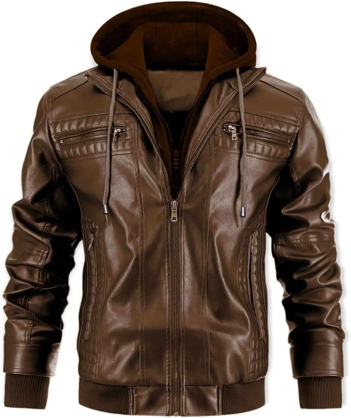 INVACHI Mens Leather Jacket Vintage Motorcycle Biker Jackets Faux Leather Outwear with Removable Hood
