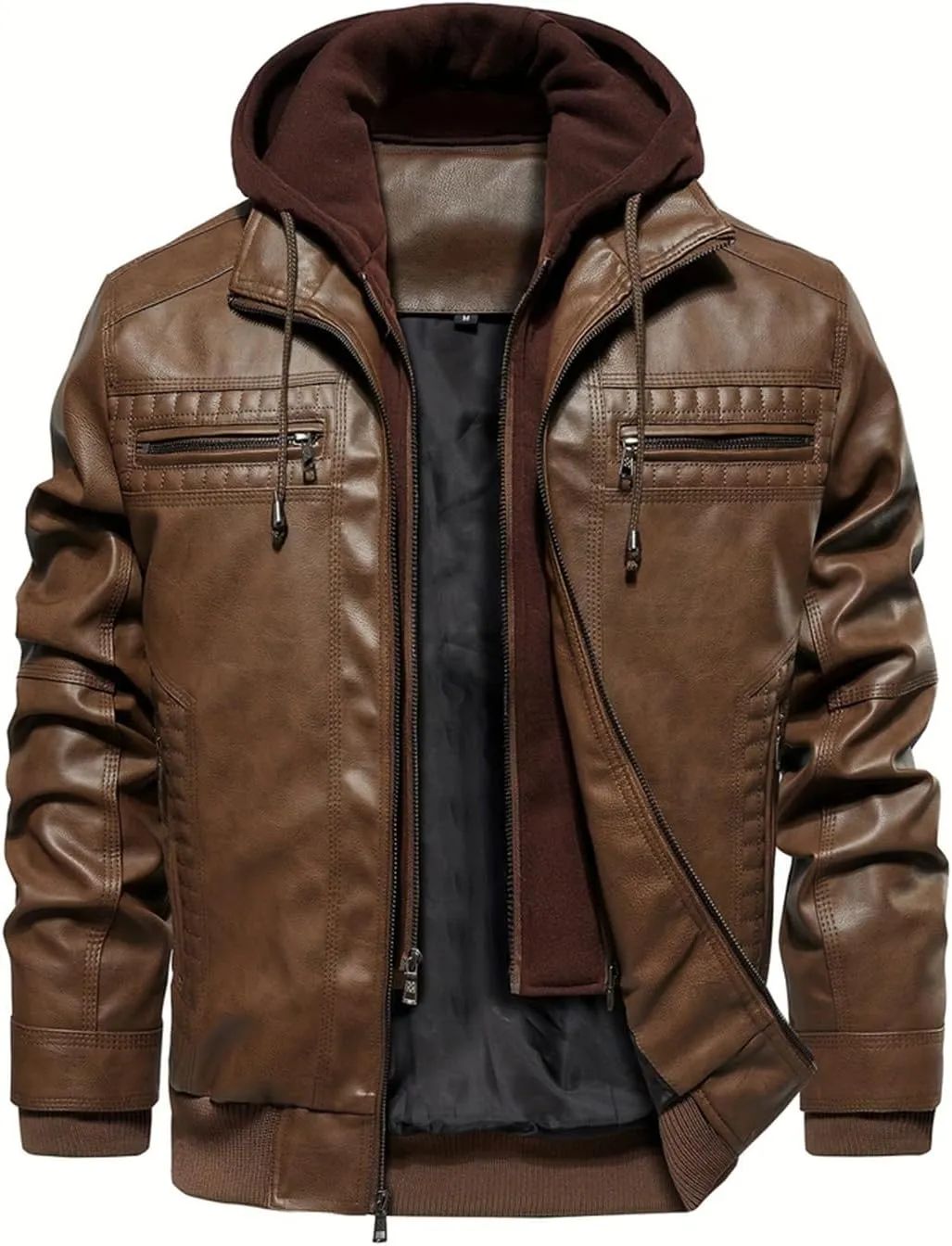 INVACHI Mens Leather Jacket Vintage Motorcycle Biker Jackets Faux Leather Outwear with Removable Hood