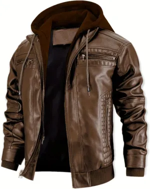 INVACHI Mens Leather Jacket Vintage Motorcycle Biker Jackets Faux Leather Outwear with Removable Hood
