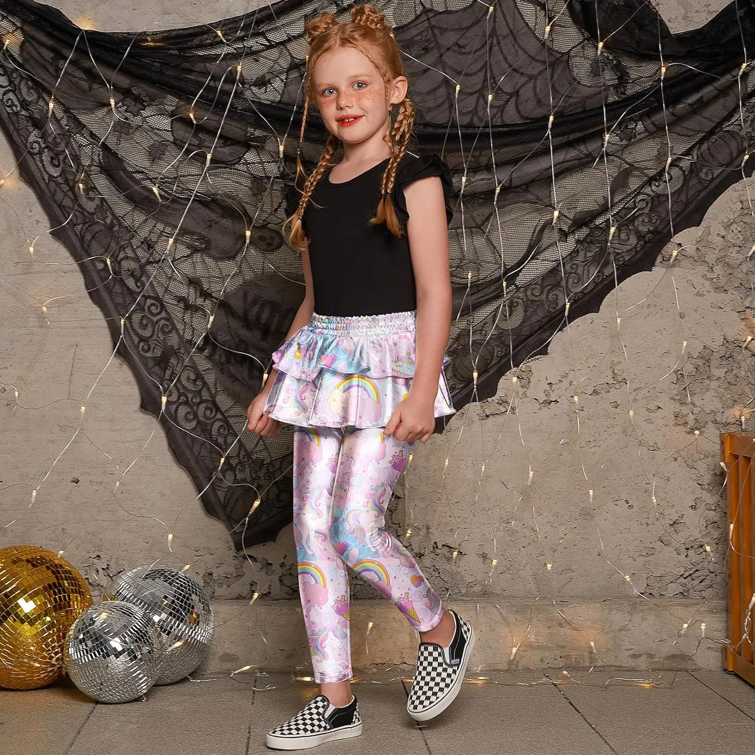 Jxstar Girls Metallic Leggings with Skirt Kids Shiny Sparkle Stretch Pants
