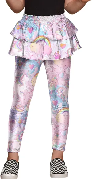 Jxstar Girls Metallic Leggings with Skirt Kids Shiny Sparkle Stretch Pants