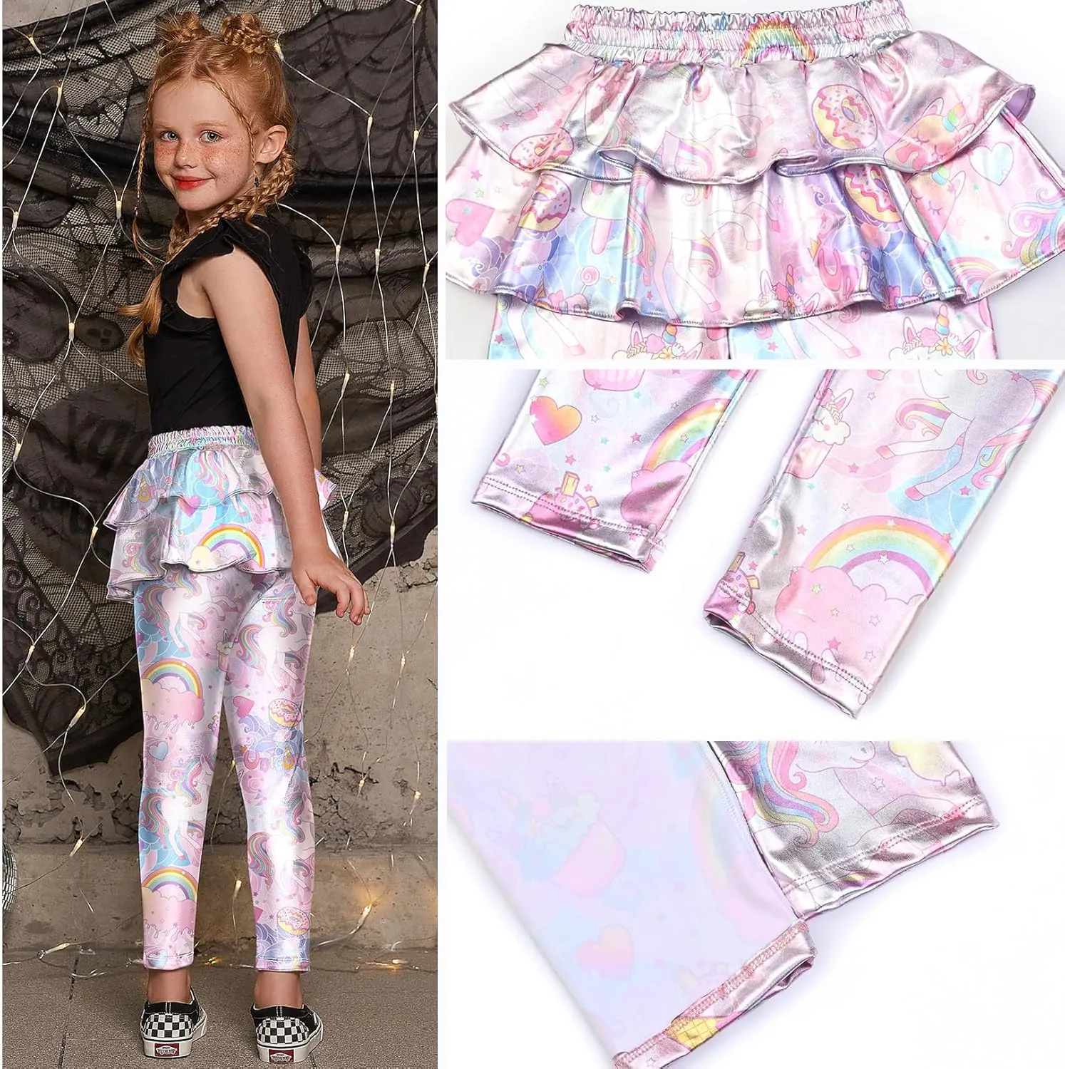 Jxstar Girls Metallic Leggings with Skirt Kids Shiny Sparkle Stretch Pants