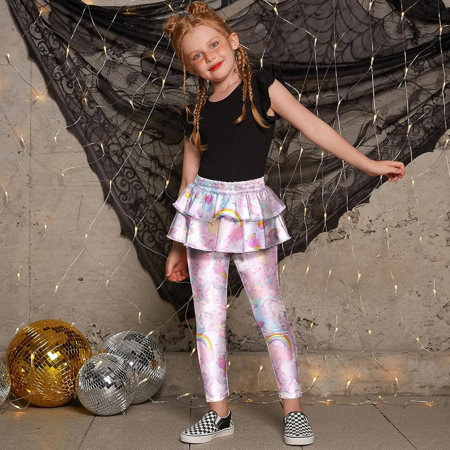 Jxstar Girls Metallic Leggings with Skirt Kids Shiny Sparkle Stretch Pants