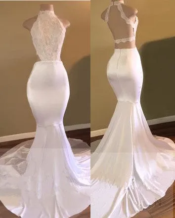 kamahe Trendy White Mermaid High-Neck Sleeveless Prom Party Gowns