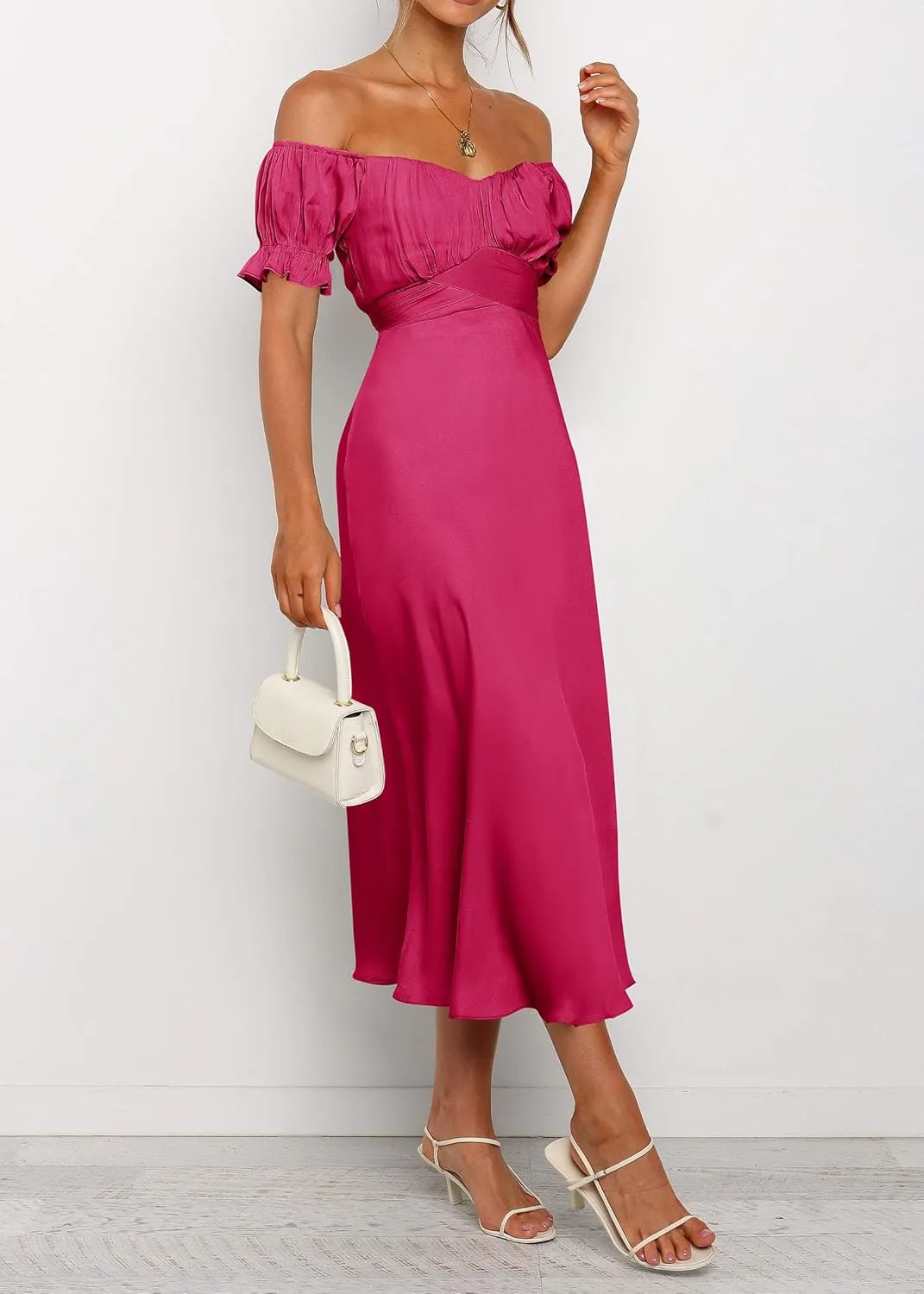 KIRUNDO Women's 2025 Summer Satin Midi Dress Off The Shoulder Wrap Ruched Wedding Guest Party Cocktail Formal Prom Dresses