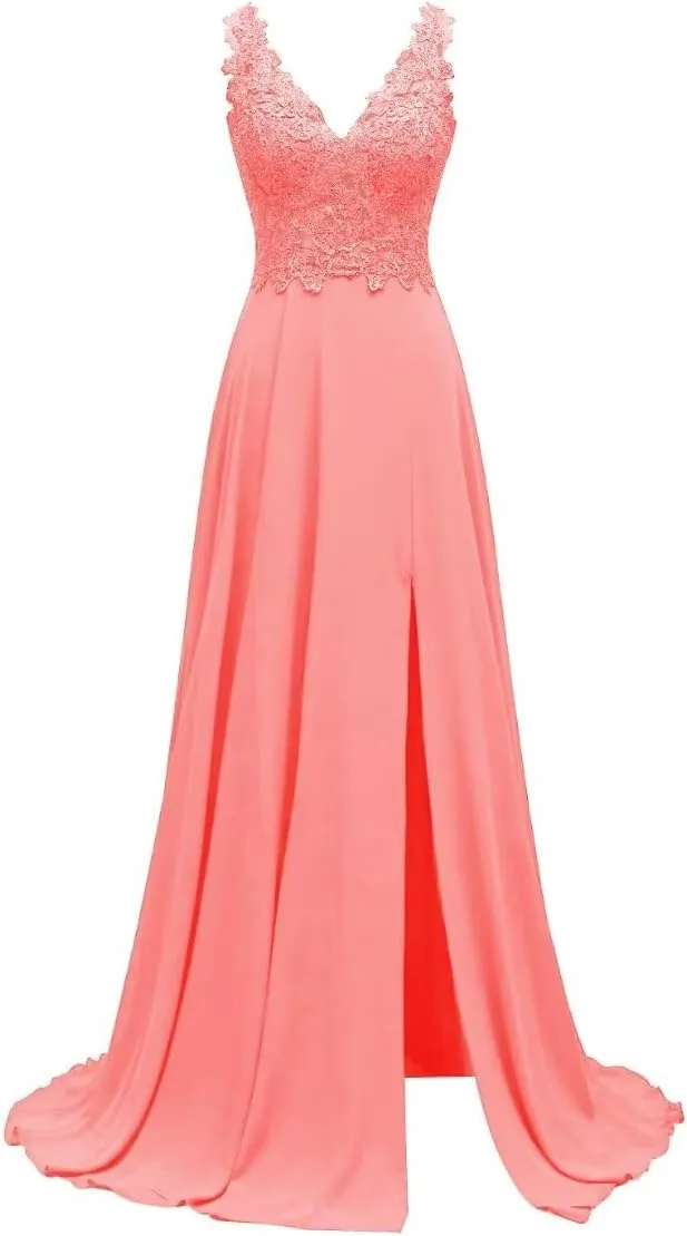 Lace Appliques Chiffon Bridesmaid Dresses 2025 Long Beaded Prom Dress A Line Formal Party Evening Gowns with Slit for Women