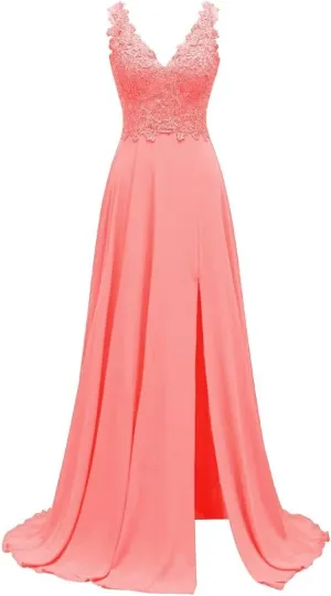 Lace Appliques Chiffon Bridesmaid Dresses 2025 Long Beaded Prom Dress A Line Formal Party Evening Gowns with Slit for Women