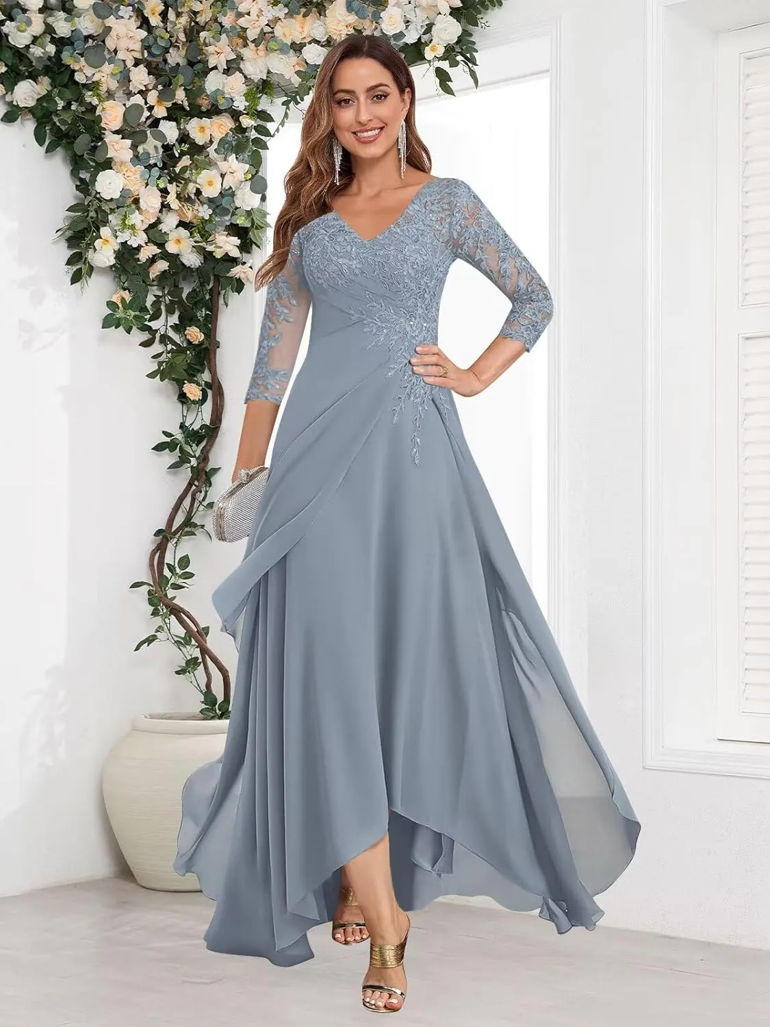 Lace Appliques Mother of The Bride Dresses for Wedding 3/4 Sleeves V Neck Ruffles Formal Wedding Guest Dress