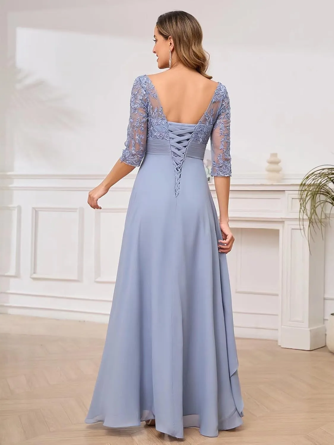 Lace Appliques Mother of The Bride Dresses for Wedding 3/4 Sleeves V Neck Ruffles Formal Wedding Guest Dress