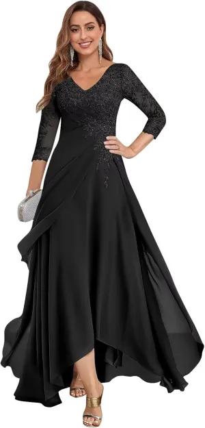 Lace Appliques Mother of The Bride Dresses for Wedding 3/4 Sleeves V Neck Ruffles Formal Wedding Guest Dress