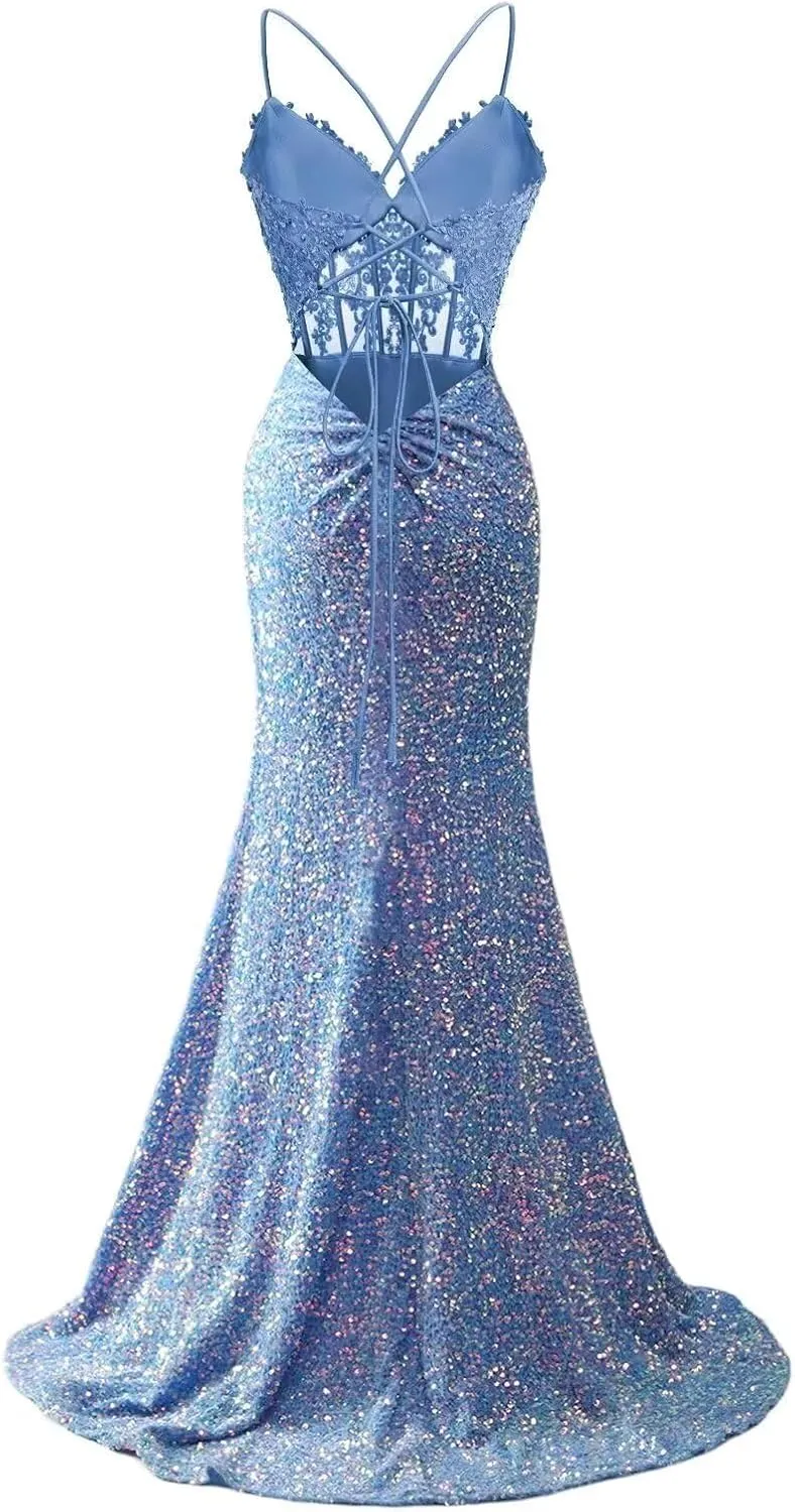 Lace Appliques Sequin Prom Dresses 2025 Spaghetti Strap Mermaid V Neck Long Pleated Formal Evening Dress with Slit