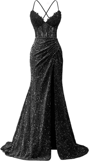 Lace Appliques Sequin Prom Dresses 2025 Spaghetti Strap Mermaid V Neck Long Pleated Formal Evening Dress with Slit