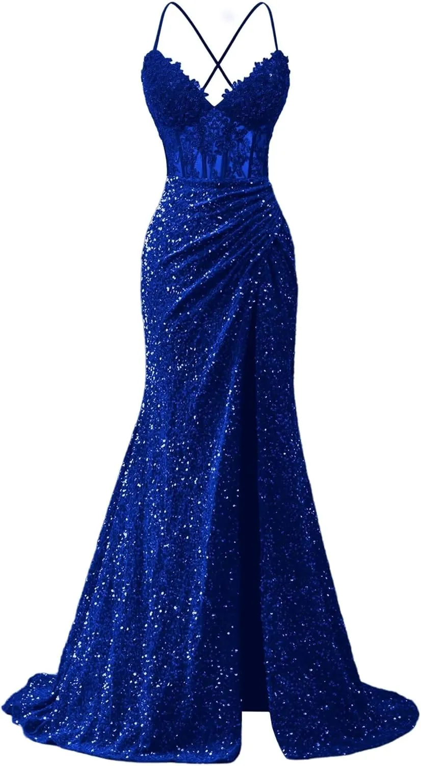Lace Appliques Sequin Prom Dresses 2025 Spaghetti Strap Mermaid V Neck Long Pleated Formal Evening Dress with Slit
