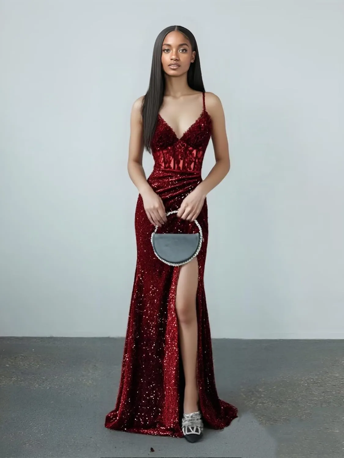 Lace Appliques Sequin Prom Dresses 2025 Spaghetti Strap Mermaid V Neck Long Pleated Formal Evening Dress with Slit