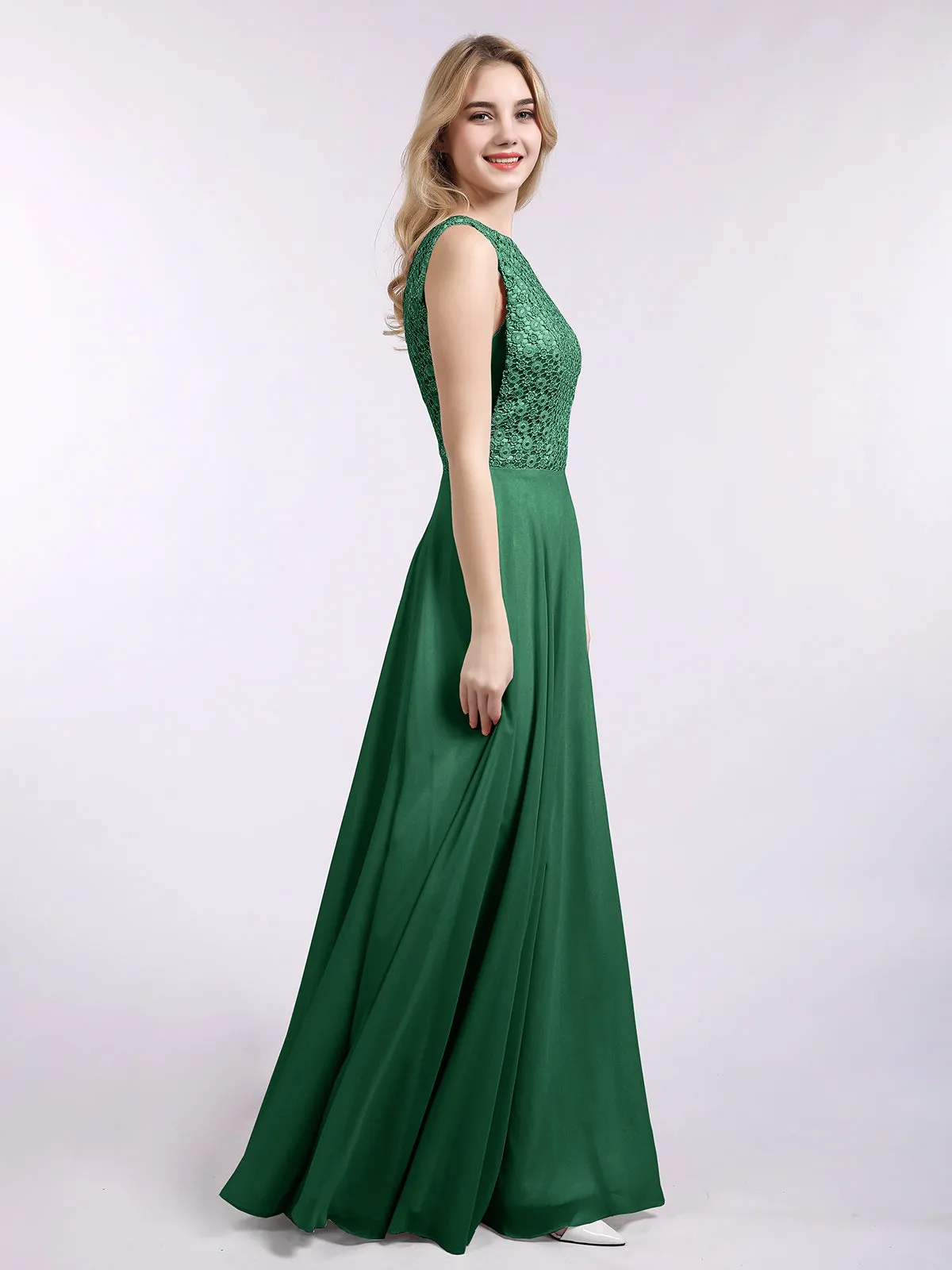 Lace Bodice Chiffon Skirt Long Gown-Dark Green Plus Size